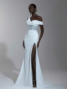 SHEIN Belle 优雅腰部镂空透明网眼不对称颈部不对称高开叉鱼尾下摆婚纱，新娘 - 白色 - 查看 4