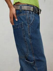 COUREZ 低腰工装牛仔裤，中蓝色水洗/女士夏季穿搭/Y2K风格/休闲/纯棉高街复古风 - 深色水洗藍 - 查看 4