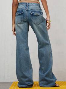 COUREZ Y2K 低腰水洗宽松喇叭牛仔裤，带前口袋细节 / 女士夏季穿搭 / Y2K / 休闲 / 纯棉高街复古 - 藍色 - 查看 6