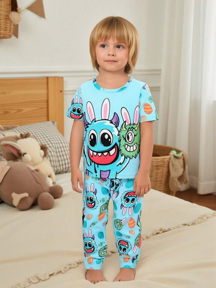 2pcs Toddler Boys Snug Fit Set - Simple Blue Base Monster & Rabbit Ear Print Short Sleeve Top And Pants, Easter Animal Pattern - Multicolor - View 1