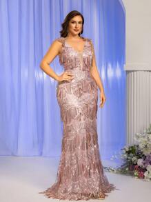 Glamrae 加大码优雅黑色正式晚礼服，肩部饰有花卉串珠刺绣，深 V 领，束腰，拖尾 - 粉色 - 查看 5