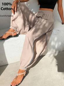 SHEIN VCAY 平纹梭织高腰宽松开叉阔腿裤 - 紅木色 - 查看 1