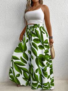 Plus Size Women's Vacation Plant Print Belted Wide Leg Pants Fall Cloth For Women