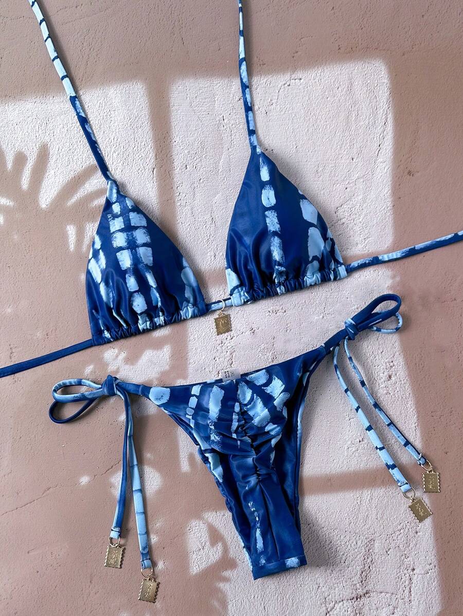 Swim Vcay 2pcs/Set Women Summer Random Print Spaghetti Strap Metal Decor Sexy Bikini Set