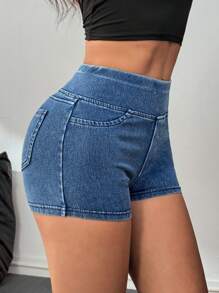 SHEIN PETITE Women's High Stretch Denim Mini Shorts: Casual Medium Wash Zipper Detail For Everyday Comfort - Medium Wash - View 5