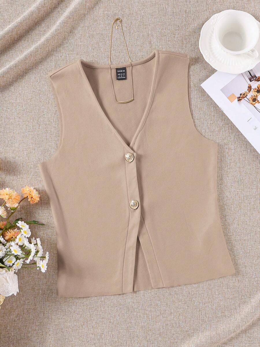 SHEIN EZwear Camiseta sin mangas informal de mujer de unicolor con cuello en V y abotonadura sencilla - Caqui - Ver 1