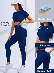 SHEIN Core Rhythm High Elastic Seamless Women Solid Color Short Sleeve T-Shirt And Leggings Sportswear Set Workout Clothes Women Women S Athletic Sets Women Clothing Exercise Women S Clothes Workout Pants Women - Navy Blue - View 3