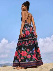 Travachic 女士梭织印花露肩长袖高开衩连衣裙、女士夏季服装、沙滩装、复活节、女士沙滩装、春假、女士度假服装、女士演唱会服装、波西米亚风、波西米亚风、音乐节、热带度假女装 - 黑與白 - 查看 2