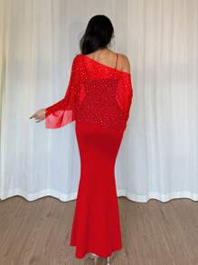 Islaluna Elegant Sequin Mesh Asymmetrical Neck Top And Spaghetti Strap Fish Tail Dress 2 Pieces Set - Red - View 2