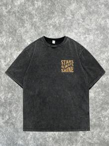 SHEIN Teen Boys' Washed Contrast Color Letter Print Short Sleeve T-Shirt, Casual College Style, Comfortable, Simple, Versatile, Soft, Suitable For Daily Wear, School, Travel, Sports