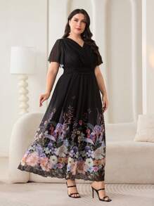 Modelyn Plus Size Women Floral Print Ruffle Sleeve Elegant Vacation Dress - Black - View 5