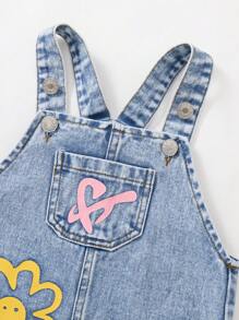 SHEIN Washed Denim Baby Girl Romper With Floral Print, Loose Bib Pants,Holiday,Summer,Travel