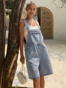 Livesso Women's Distressed Solid Color Casual Denim Bib Overalls, Summer - Blue - View 8