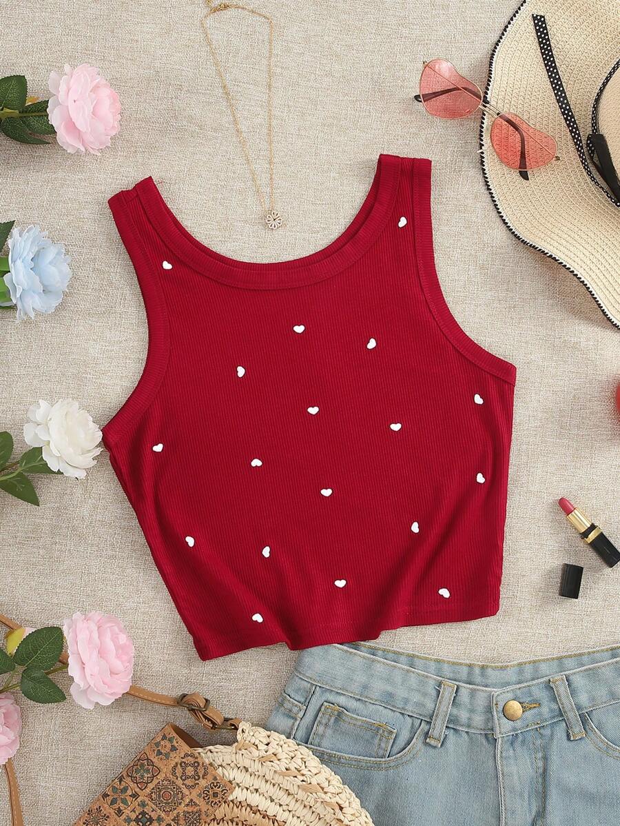 SHEIN 大码女式心形刺绣无袖上衣 - 酒紅色 - 查看 1