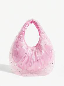 SHEIN ICON Ladies, Women Shoulder Bag, Hobo Bag, Fashionable, Personalized, Simple, Versatile, Street, Sweet And Cool Girls, Hot Girls, Y2k, Ballet Style, PInk, Multi-Layer Mesh, Rhinestones, Blingbling, Teenagers - Pink - View 1