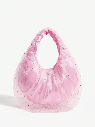 SHEIN ICON Ladies, Women Shoulder Bag, Hobo Bag, Fashionable, Personalized, Simple, Versatile, Street, Sweet And Cool Girls, Hot Girls, Y2k, Ballet Style, PInk, Multi-Layer Mesh, Rhinestones, Blingbling, Teenagers