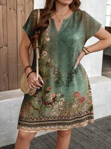 SHEIN LUNE Grande taille Femmes Robe décontractée vintage élégante à imprimé floral, décolleté en V et manches chauve-souris. Tenue d'été pour lieux de détente