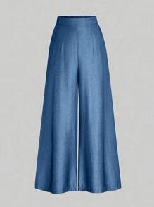 SHEIN Tall Plus Size Casual, Summer Holiday Faux Denim Effect Wide-Leg Pants For Tall - Blue - View 3