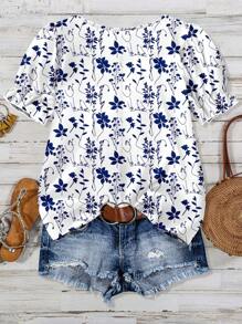 EMERY ROSE Plus Size Women's Ditsy Floral Casual Minimalist Button Down Shirt, Versatile And Suitable For Summer Chic Blouses For Women,Flower/Vacation/Spring - Blue and White - View 2