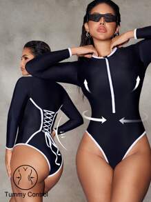 Shapewave Tummy Control Splicing Rimmed Women Surfing Wetsuit For Summer Beach Vacation - Black - View 2