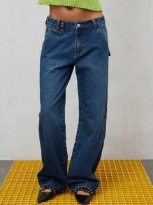 COUREZ 低腰工装牛仔裤，中蓝色水洗/女士夏季穿搭/Y2K风格/休闲/纯棉高街复古风 - 深色水洗藍 - 查看 6