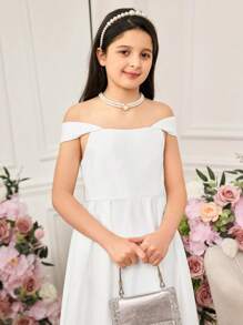 Tween Girls Elegant White Satin Camisole Mid-Length Dress, Summer