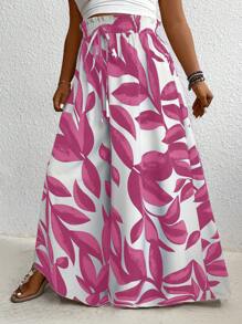 Plus Size Women's Vacation Plant Print Drawstring Waist Wide Leg Pants Fall Cloth For Women - Pink - View 3
