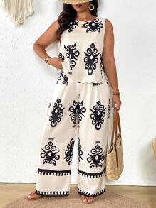 SHEIN Frenchy Plus Size Casual Beach Textured Shell Trim Bowknot Waist Tank Top And Long Pants Set - Multicolor - View 3