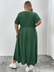 SHEIN CURVE+ Vestido holgado de manga larga negro con cinturón y bolsillos, estilo casual de verano para mujer de talla grande