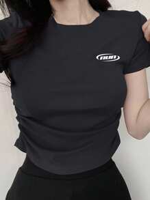 DAZY Áo thun nữ tay ngắn in chữ mùa hè, áo crop top nữ - Màu xám đen - Xem 6