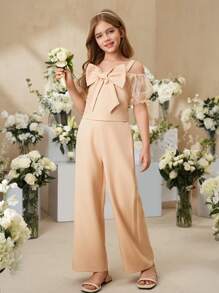 SHEIN Tween-Mädchen Unifarben Off-Shoulder Strickkleid mit floralem Patchwork und enger Passform, elegantes rotes Prinzessinnenkleid