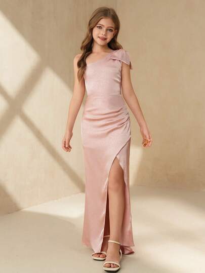 SHEIN Vestido elegante de un hombro con lazo, plisado y abertura para niñas, ideal para niña de las flores, baile de graduación, fiesta de aniversario de boda