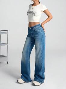 EURMUSE WOMEN FLARE MID WAIST VINTAGE WASHING JEAN - Medium Wash - View 4