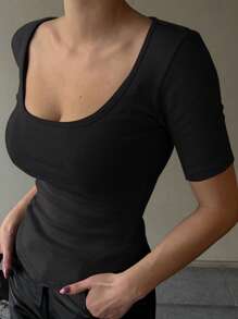 DAZY Solid Scoop Neck Tee,Crop Tops Women - Black - View 6