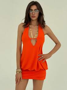 Aloruh New Sexy Deep V Neck Backless Ruched Clingy Mini Dress, Orange, For Going Out - Orange - View 4