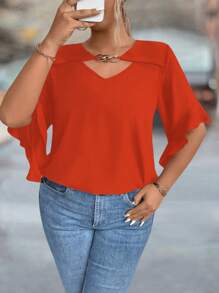 SHEIN Clasi Camisa informal sólida con manga abullonada hueca y decorativa para tallas grandes - Naranja Coral - Ver 3