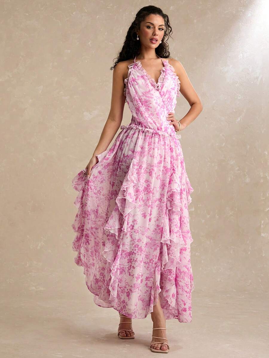 Enchnt 女式花卉印花拼布荷叶边下摆露背连衣裙，度假风格 - 粉色 - 查看 1