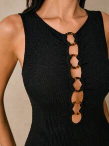 Poéselle Black Sleeveless Cutout Ring Mini Dress - Sleek And Modern For Party Nights,Black Cutout Mini Dress, Ring Detail Party Dress,Little Black Dress,Sleek Evening Outfit - Black - View 2