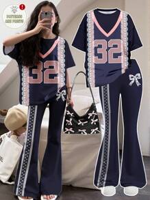 Tween Girl Sporty Lace Bow Numeric Printing Navy Blue Pink Top And Pants 2 Pieces Set,School Back-To-School Summer Cow Boy Casual Minimalist Outfit - Multicolor - View 1