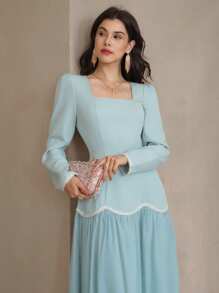 DAZY 女式二合一亮片蕾丝边中长连衣裙女式休闲连衣裙女式连衣裙生日工作秋季连衣裙女式加大太阳裙女式加大服装商务休闲长袖连衣裙