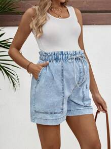 SHEIN 孕妇宽松蓝色牛仔短裤、夏季海滩度假、适合日常约会、夜间外出、夜总会、派对、聚会、泳池派对、返校季服装、返校季服装、节日女装、音乐节服装、乡村音乐节服装、音乐会服装、母亲节/妈妈/母亲/妈妈/母亲节/妈妈/妈妈/母亲节礼物 - 藍色 - 查看 3