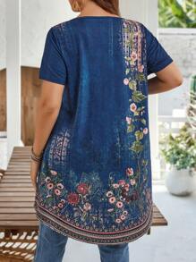 EMERY ROSE Blusa casual con cuello redondo y manga corta, con estampado floral, para uso diario, atuendos de verano para mujer/verano, ropa de mujer para vacaciones tropicales