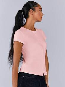Athîral Camiseta casual de mujer de unicolor con botones delanteros y mangas cortas