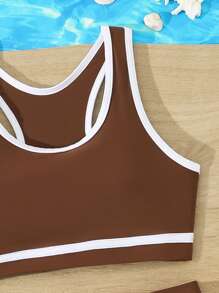 SHEIN 青少年女孩荷叶边沙滩比基尼泳装套装 - 咖啡棕 - 查看 5