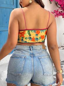 SHEIN VCAY Áo ba lỗ thắt nút phía trước in họa tiết cây nhiệt đới cỡ lớn cho nữ, phong cách kỳ nghỉ lễ gợi cảm - Nhiều màu - Xem 2