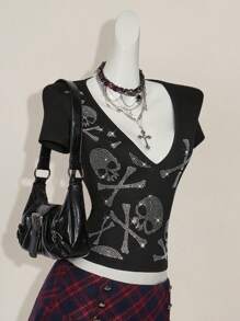 SHEIN ICON Fashionable Rhinestone Skull Deep V-Neck Short Sleeve T-Shirt For Summer - Black - View 1