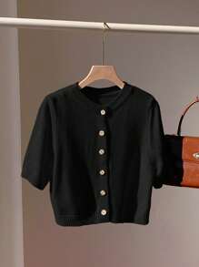 Comfortcana 女士纯色短袖开衫，简约风格，适合春秋季节 - 黑色 - 查看 4