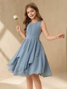 SHEIN 女孩中大女孩飘逸雪纺不对称下摆短裙，花童选美婚礼派对生日活动' - 藍色 - 查看 3