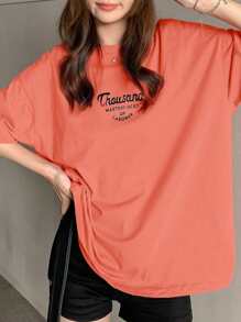 DAZY Women Round Neck Short Sleeve T-Shirt With Letter Print For Summer Oversized T-Shirt - Burnt Orange - View 5