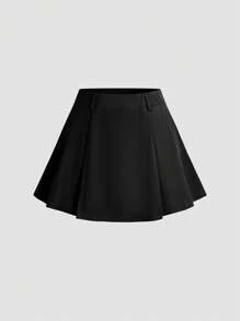 SHEIN PETITE High Waist Grey Pleated A-Line Mini Skirt, Slimming & Anti-Flashing - Black - View 3